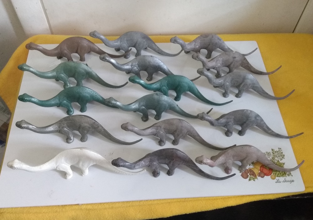 MARX BRONTOS - SILVER, CHOCOLATE MILK BROWN, METALLIC GREEN, TEST SHOT, AND MARBLED