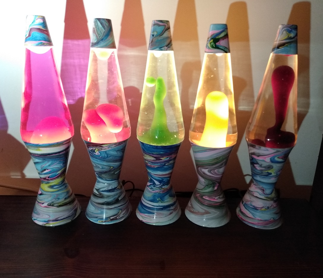 FIVE MULTI COLORED SWIRL LAVA LAMPS