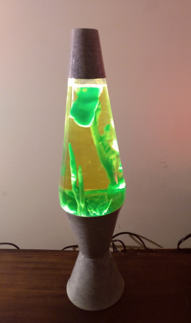 GRAY MARBLED LAVA LAMP WITH GREEN IN YELLOW GLOBE